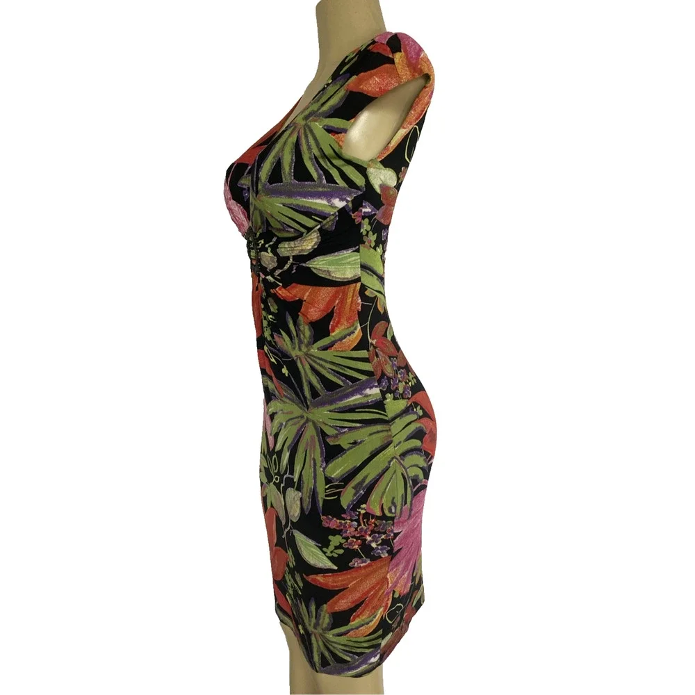 Cache Dress Sheath Cap Sleeve Floral V Neck Ruched 4 S Knee Length Stretch - Picture 3 of 8